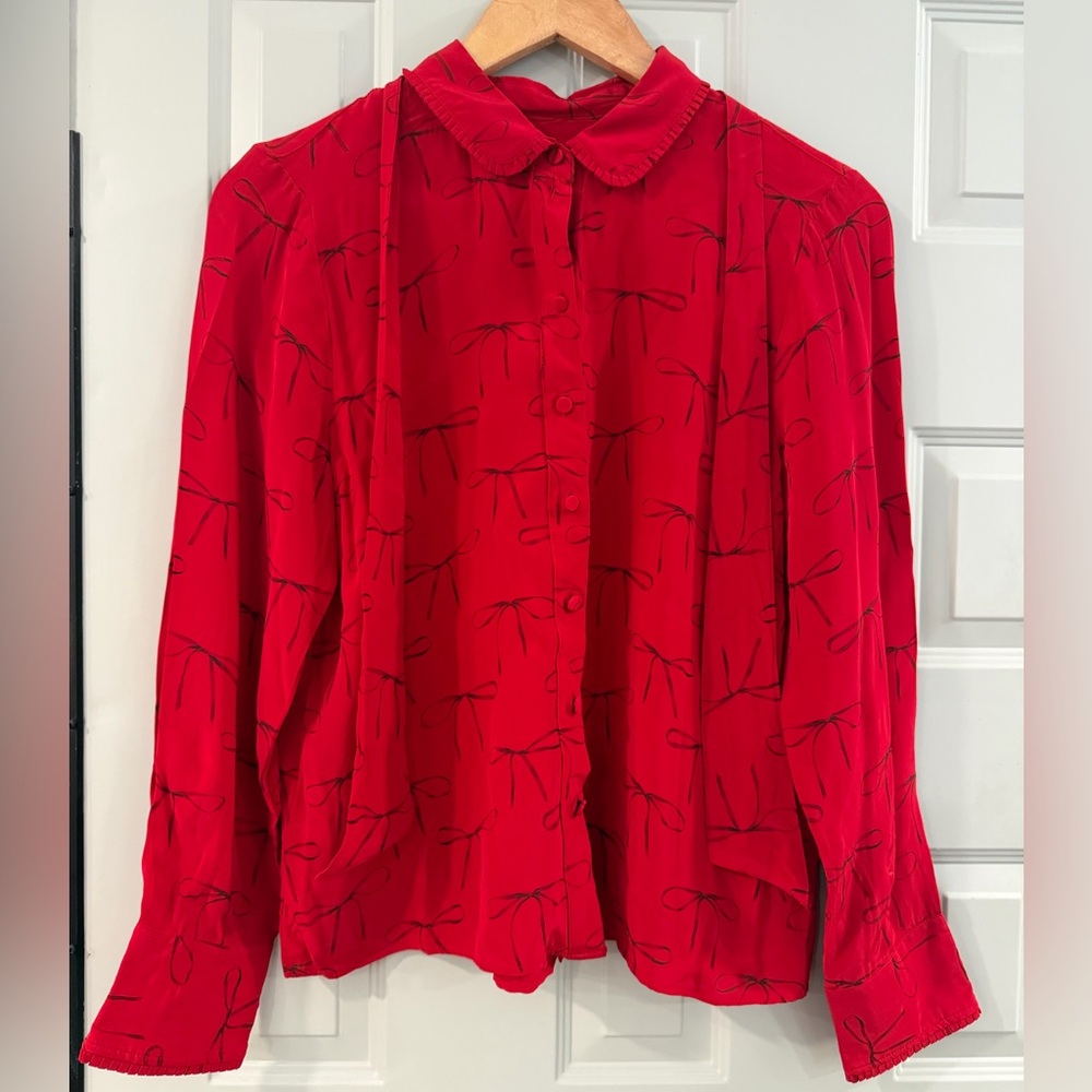 J CREW Red Bow Print Button Up Shirt Removable Neck Tie Crepe de Chine Blouse - Picture 5 of 7
